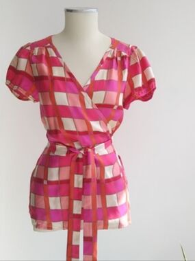 Banana Republic Pink Geometric Colorblock Casual Lightweight Wrap Top Large